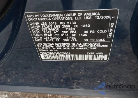 2021 Volkswagen Atlas Sel from USA, damaged, VIN 1V2BR2CA8MC553061